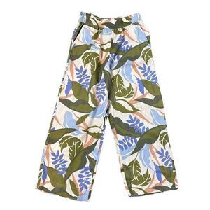 Tahari Linen Pants Womens Small Cream Green Blue Floral Wide Leg Palazzo Pull On